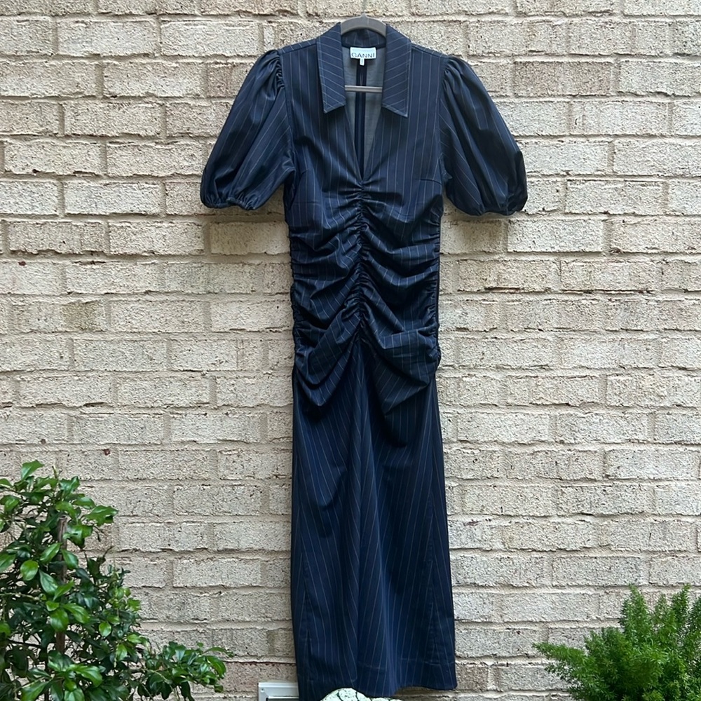 GANNI Blue pinstripe midi dress